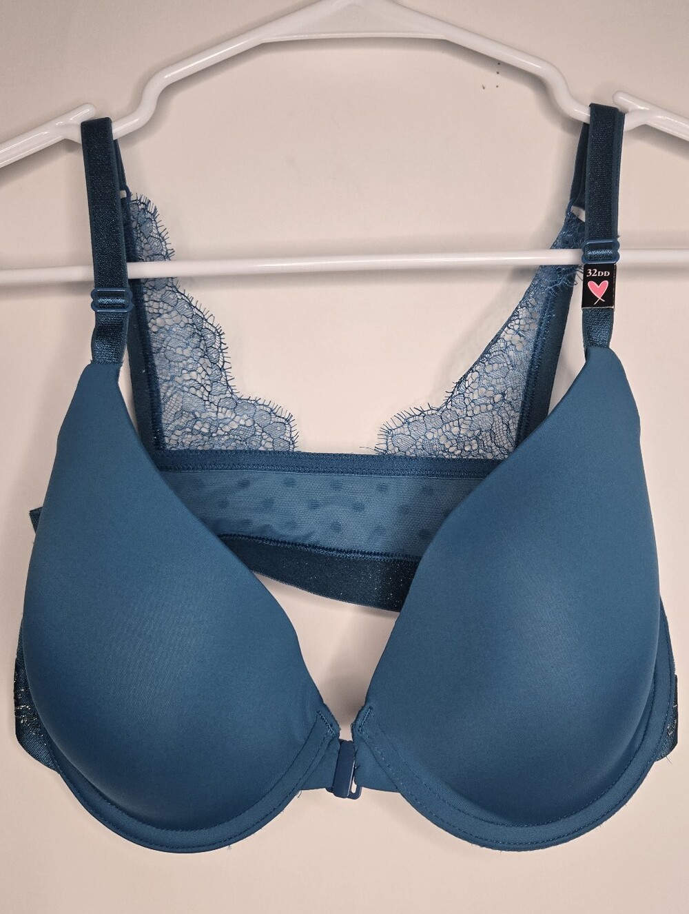 Victoria's Secret Blue Lace Front Close T-Shirt Lightly Lined Demi Bra 32DD NWOT